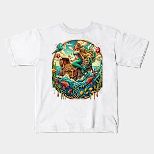 Mermaid sitting on a rock with a open treasured Kids T-Shirt